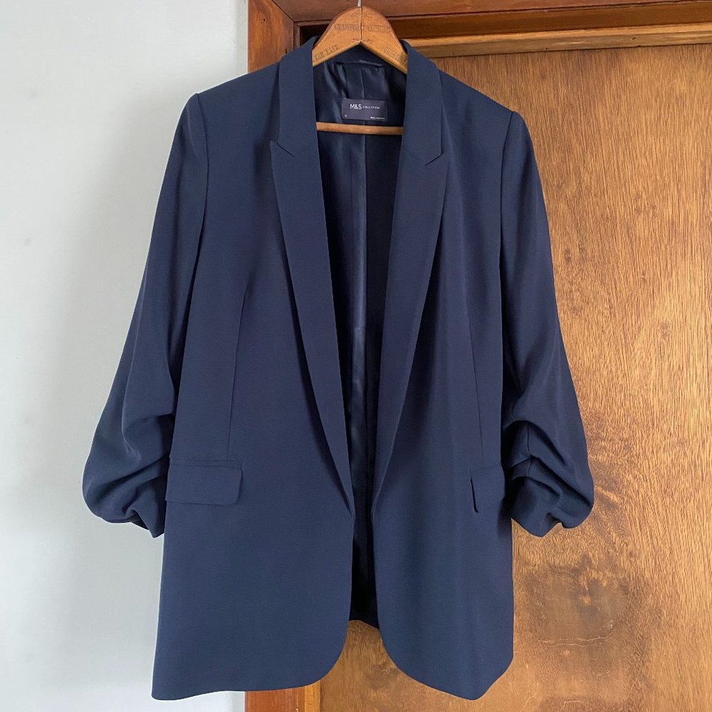 Marks & Spencer Ruched-Sleeve Navy Blazer (US 8/UK 12)